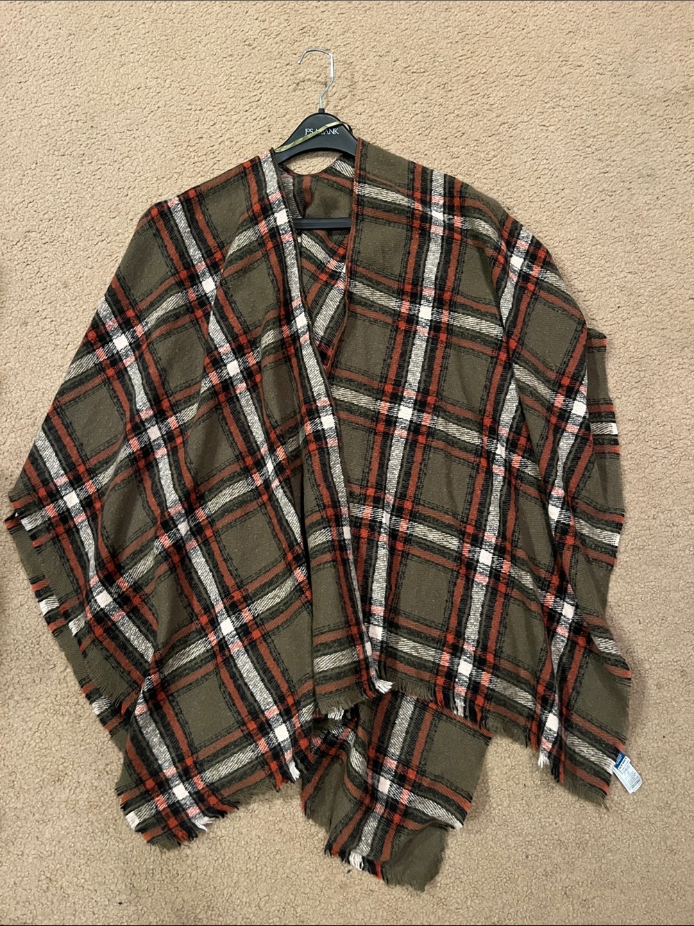 Old Navy Olive Plaid Wrap Poncho with Rust and Cream Accents